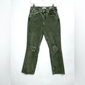 Cleo + Wolf Olive Green High Rise Straight Crop Frayed Jeans Size 30W/27L